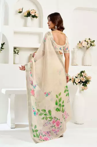 Light beige printed linen one minute saree with unstitched blouse designer traditional ready to wear saree