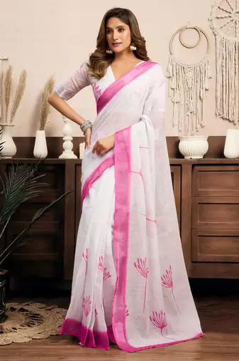 White linen ready-to-wear saree with printed work floral print one minute saree with unstitched blouse