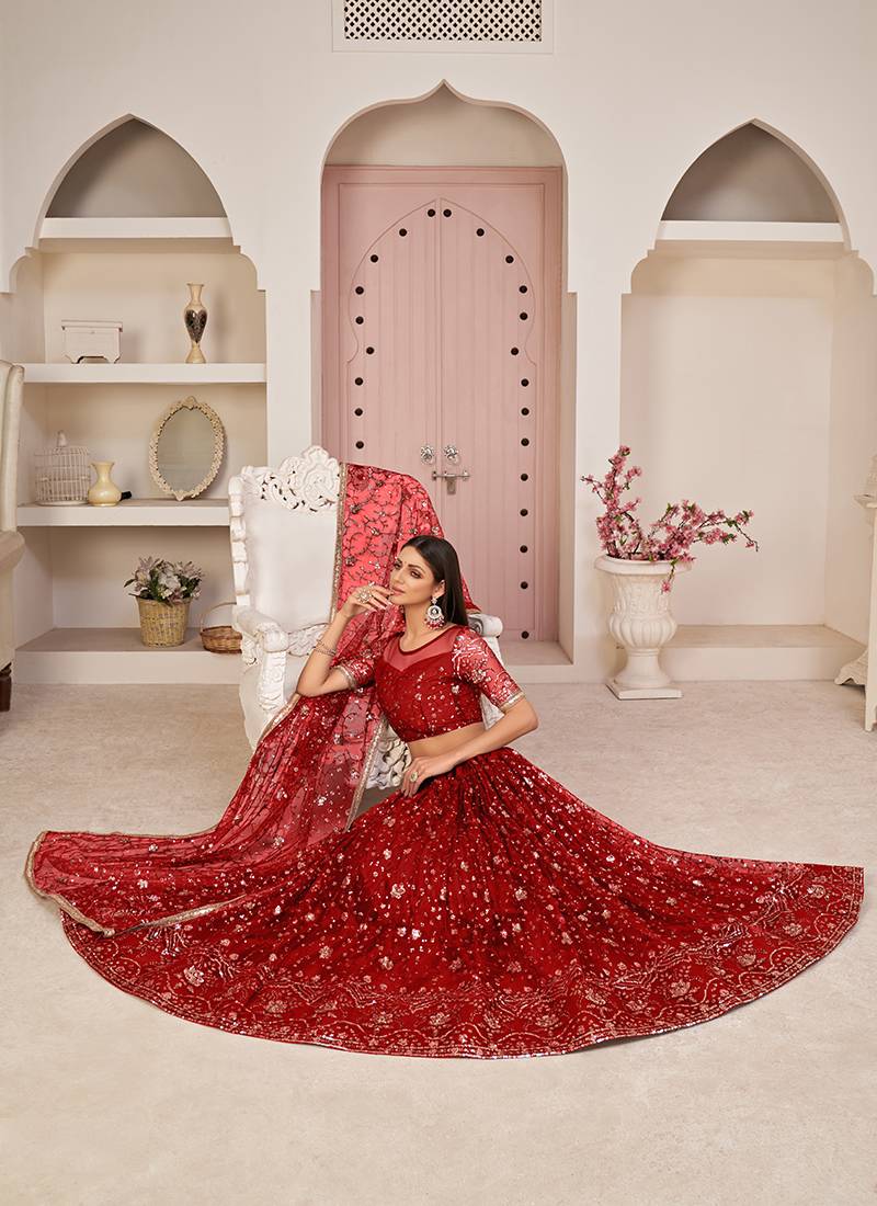 Red Thread & Sequins Embroidery Work Net Lehenga