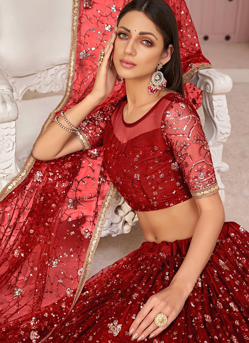 Red Thread & Sequins Embroidery Work Net Lehenga