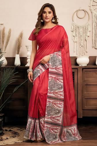 Red ready to wear linen saree with printed border and contemporary one minute draping style