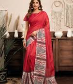 Red ready to wear linen saree with printed border and contemporary one minute draping style