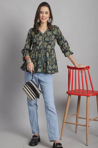 Navy blue women's pure cotton jaipuri printed short top