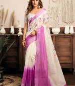 Off-white linen printed one minute saree with contrast border | ready to wear floral print saree with blouse