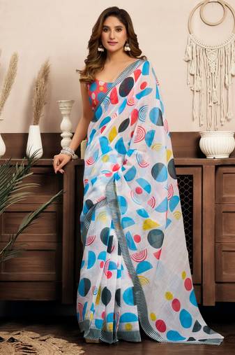 Multi-colored linen one minute saree with geometric print & ready to wear style with blouse fabric