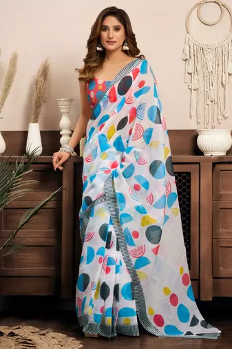 Multi-colored linen one minute saree with geometric print & ready to wear style with blouse fabric