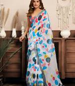 Multi-colored linen one minute saree with geometric print & ready to wear style with blouse fabric