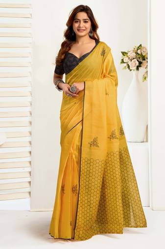 Yellow linen printed one minute saree with stylish border & blouse fabric | easy draping ready wear saree