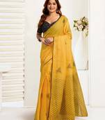 Yellow linen printed one minute saree with stylish border & blouse fabric | easy draping ready wear saree