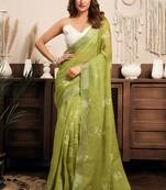 Light green floral print linen one minute saree with unstitched blouse ready to wear design