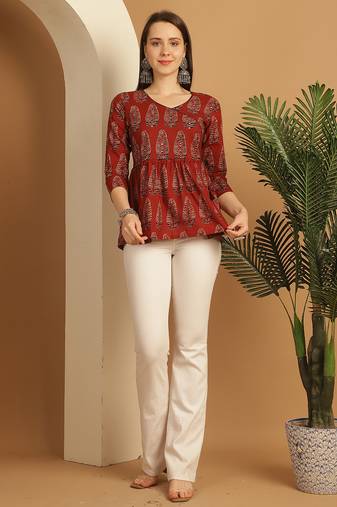 Brown women's pure cotton jaipuri printed short top