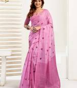 Light pink ready to wear linen zari border printed one minute saree with unstitched blouse