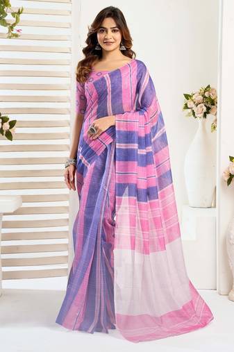 Pink linen stripes print one minute saree with printed pallu and contrast border | fashion party saree
