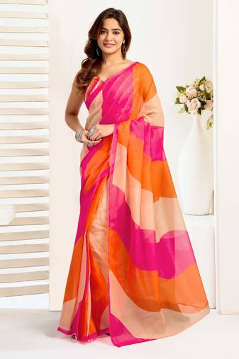 Multi-colored linen printed ready to wear designer one minute saree with unstitched blouse for party wear