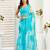 Aqua designer linen floral print saree ready to wear one minute style with printed blouse