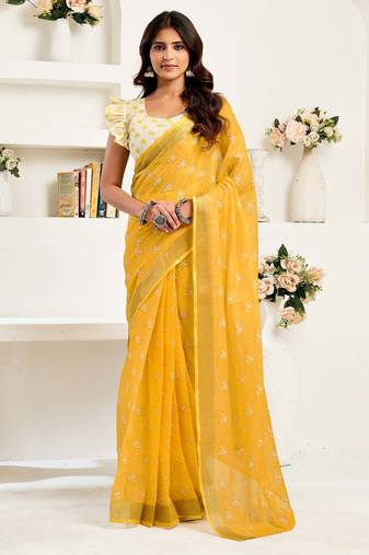 Yellow linen printed one minute saree with zari border | ready to wear designer saree