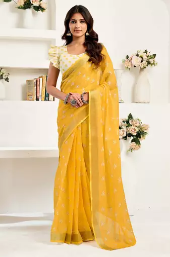 Yellow linen printed one minute saree with zari border | ready to wear designer saree