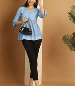 Sky blue women's pure cotton hand painted short top