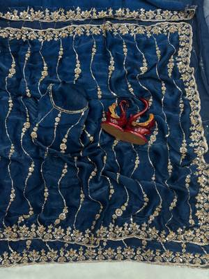 Teal Color Embroidered Space Silk Saree 1