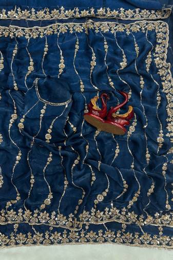 Teal Color Embroidered Space Silk Saree