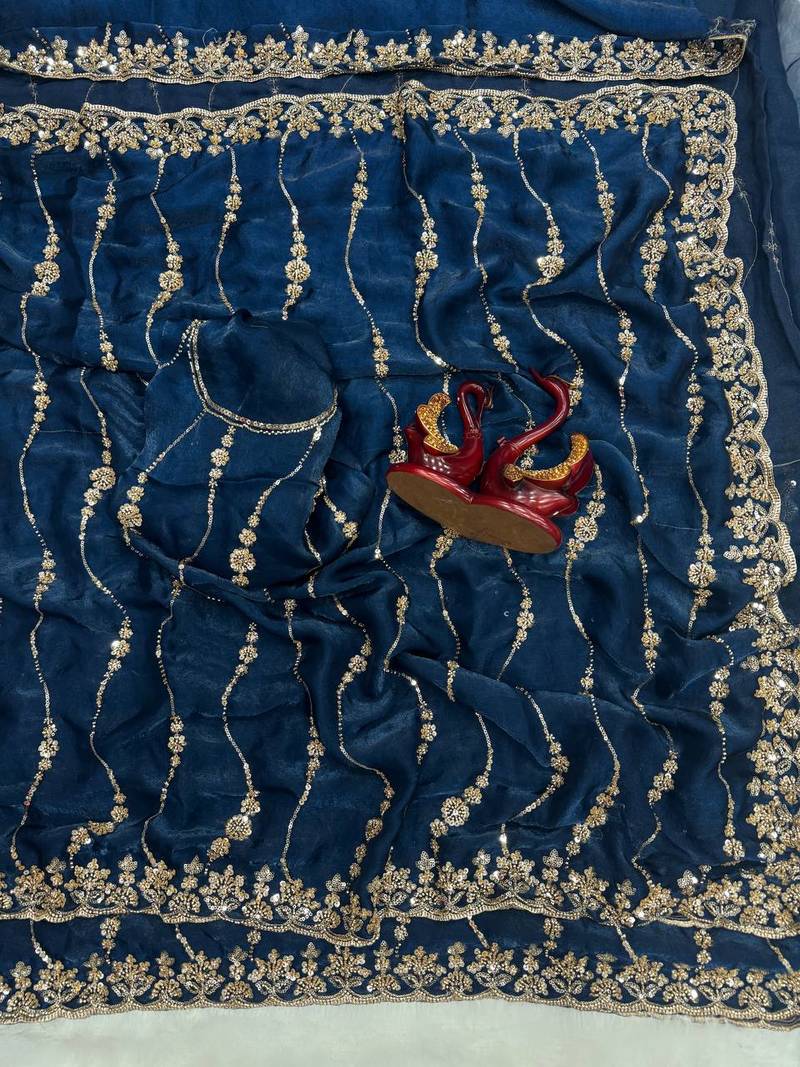 Teal Color Embroidered Space Silk Saree