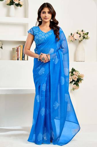 Royal blue linen printed ready to wear one minute saree traditional style with blouse piece