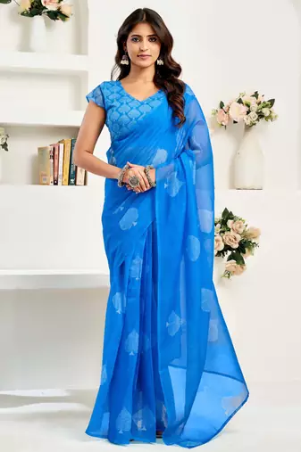 Royal blue linen printed ready to wear one minute saree traditional style with blouse piece