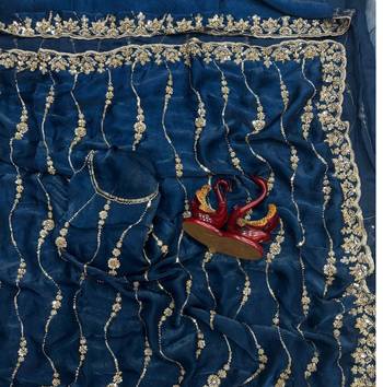 Teal Color Embroidered Space Silk Saree 2