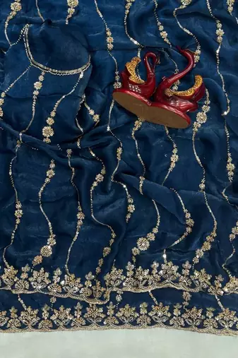 Teal Color Embroidered Space Silk Saree