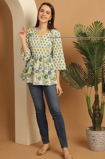 White & teal women's pure cotton jaipuri printed short top