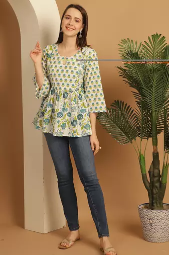 White & teal women's pure cotton jaipuri printed short top