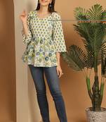 White & teal women's pure cotton jaipuri printed short top