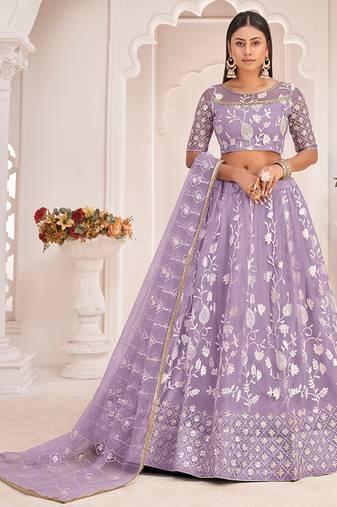 Lavender Thread & Sequins Embroidery Work Net Lehenga