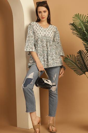 White & grey women's pure cotton jaipuri printed short top