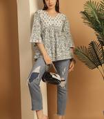 White & grey women's pure cotton jaipuri printed short top