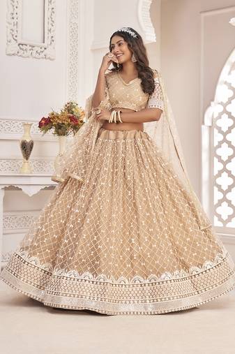 Beige Thread & Sequins Embroidery Work Net Lehenga