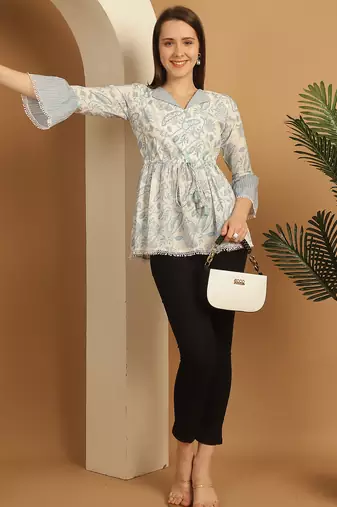 White & sky blue women's pure cotton jaipuri printed short top