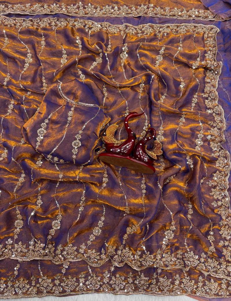 Violet Color Embroidered Space Silk Saree