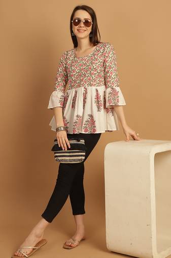 White & pink women's pure cotton jaipuri printed short top