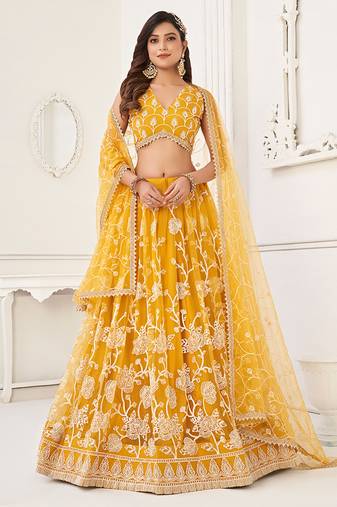 Mustard  Thread & Sequins Embroidery Work Net Lehenga