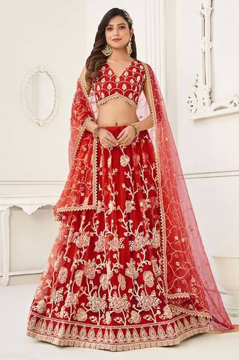 Red Thread & Sequins Embroidery Work Net Lehenga
