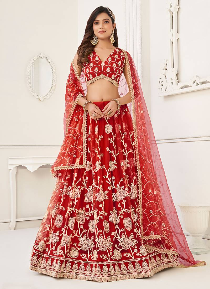 Red Thread & Sequins Embroidery Work Net Lehenga