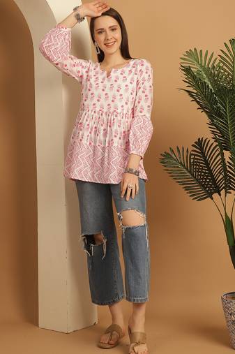 White & pink women's pure cotton jaipuri printed short top