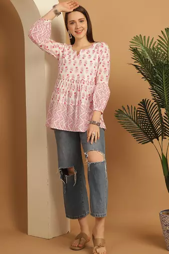 White & pink women's pure cotton jaipuri printed short top