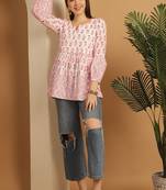 White & pink women's pure cotton jaipuri printed short top