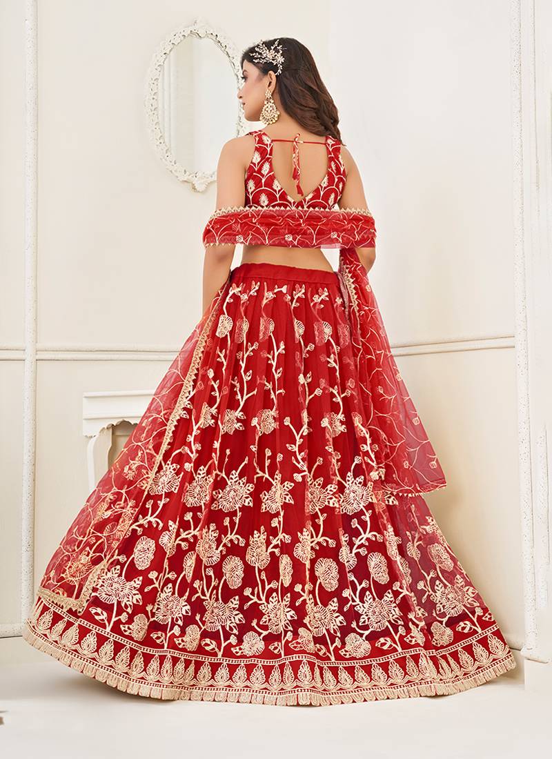 Red Thread & Sequins Embroidery Work Net Lehenga
