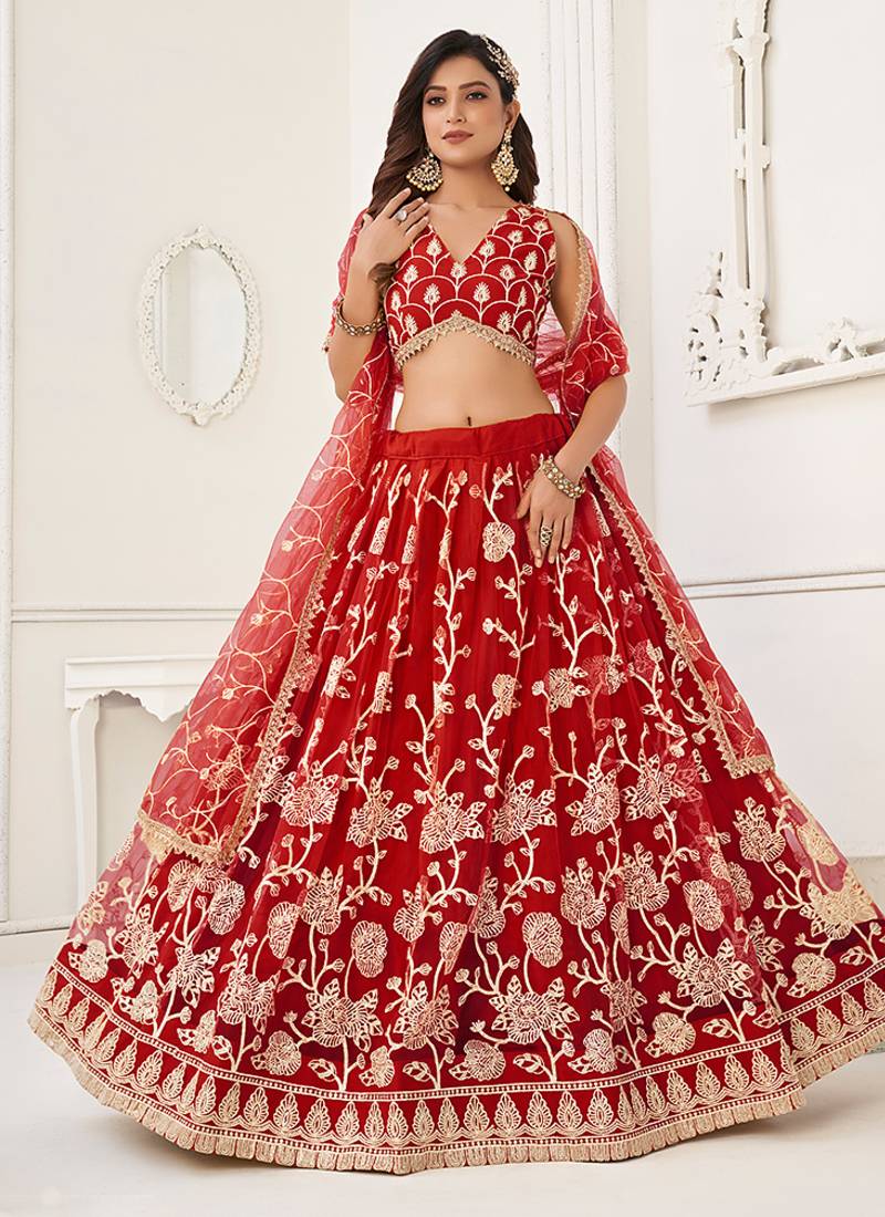 Red Thread & Sequins Embroidery Work Net Lehenga