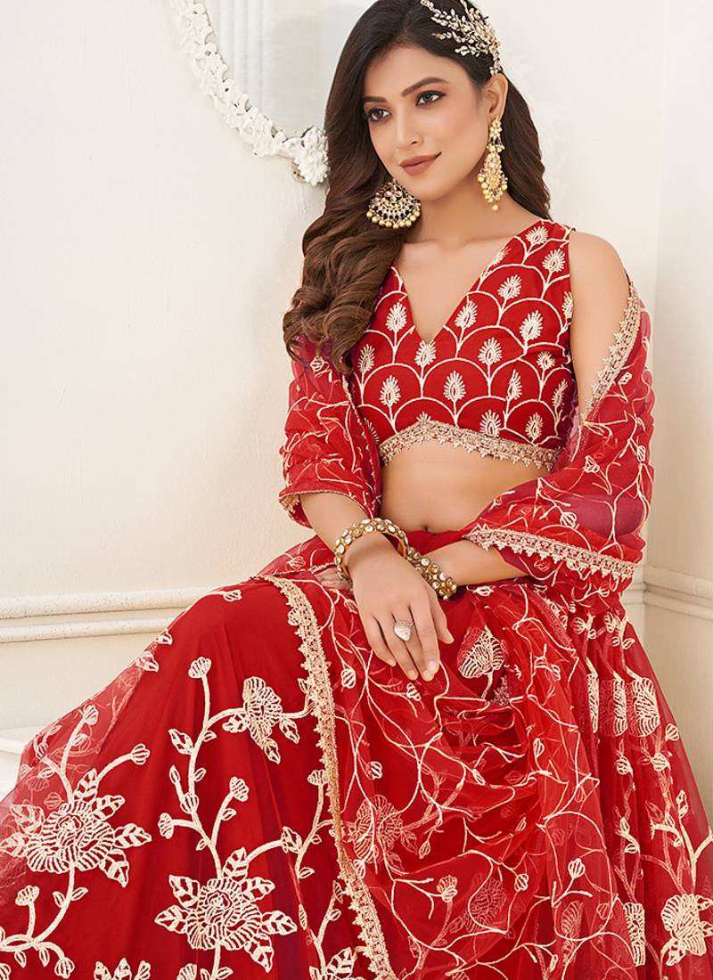 Red Thread & Sequins Embroidery Work Net Lehenga