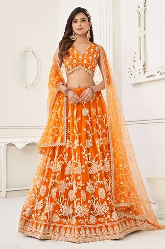 Orange Thread & Sequins Embroidery Work Net Lehenga