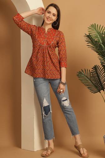 Orange women's pure cotton jaipuri printed short top